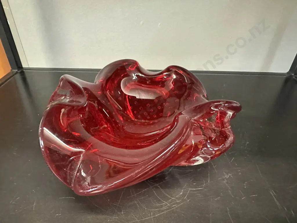 Mid Century Murano Art Glass Deep Red Bowl H8,W18cm. Image 1++