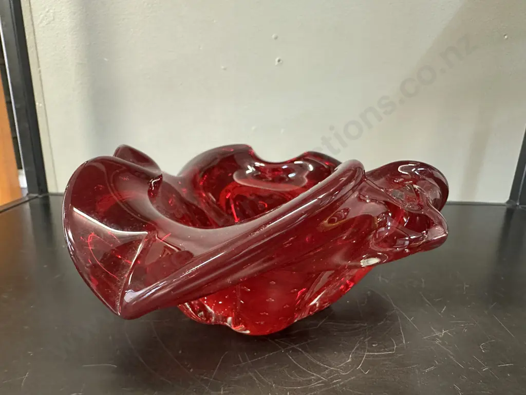Mid Century Murano Art Glass Deep Red Bowl H8,W18cm. Image 1++