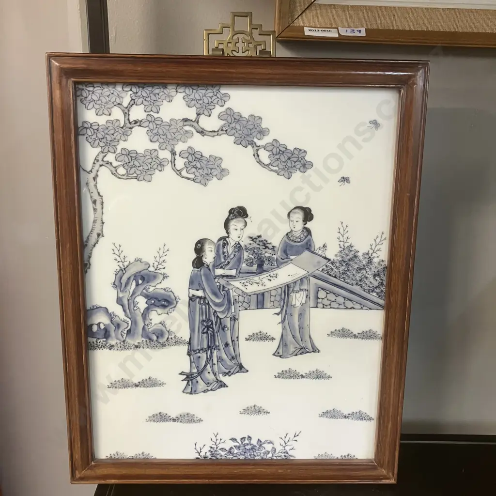 Chinese Blue And White Porcelain Wall Tile Plaque, Brass Hanger, Wooden Back Board. H38.5 W31 D3cm Image 1++