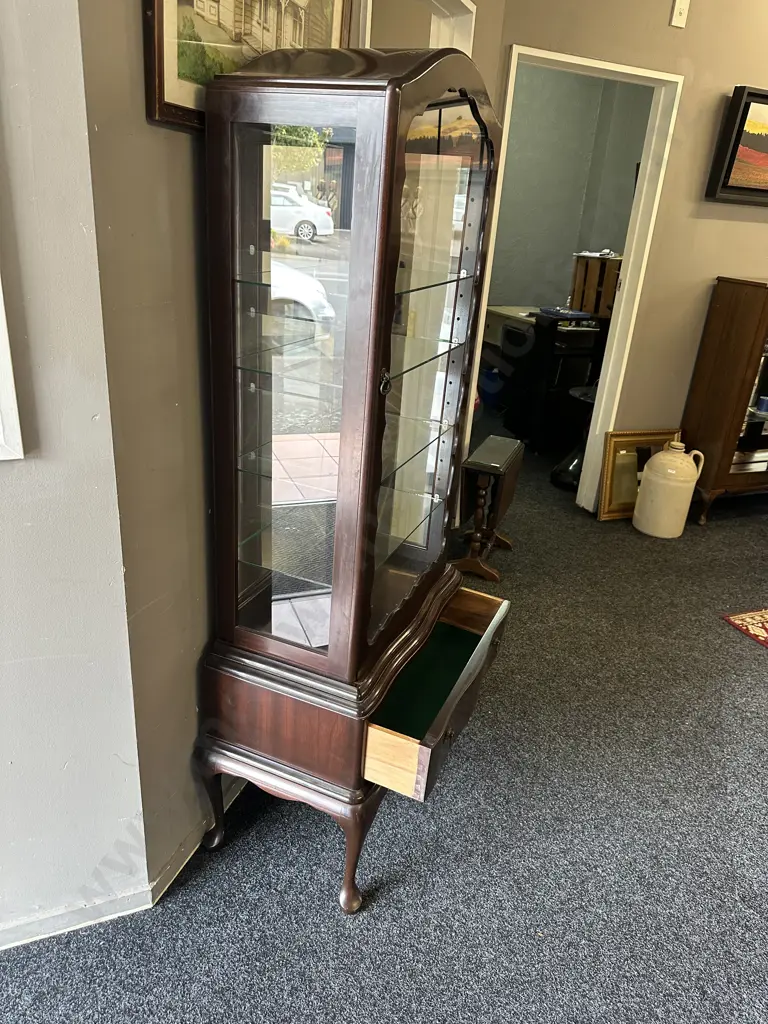 Vintage Mahogany Dome Top China Display Cabinet Cabriole Legs, Single Drawer, Four Glass Shelves Image 1++