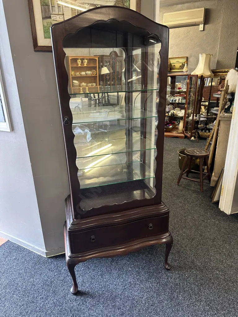 Vintage Mahogany Dome Top China Display Cabinet Cabriole Legs, Single Drawer, Four Glass Shelves Image 1++
