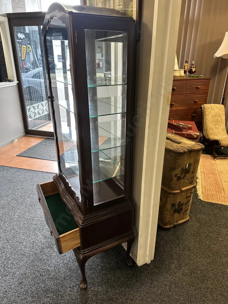 Vintage Mahogany Dome Top China Display Cabinet Cabriole Legs, Single Drawer, Four Glass Shelves Image 1++