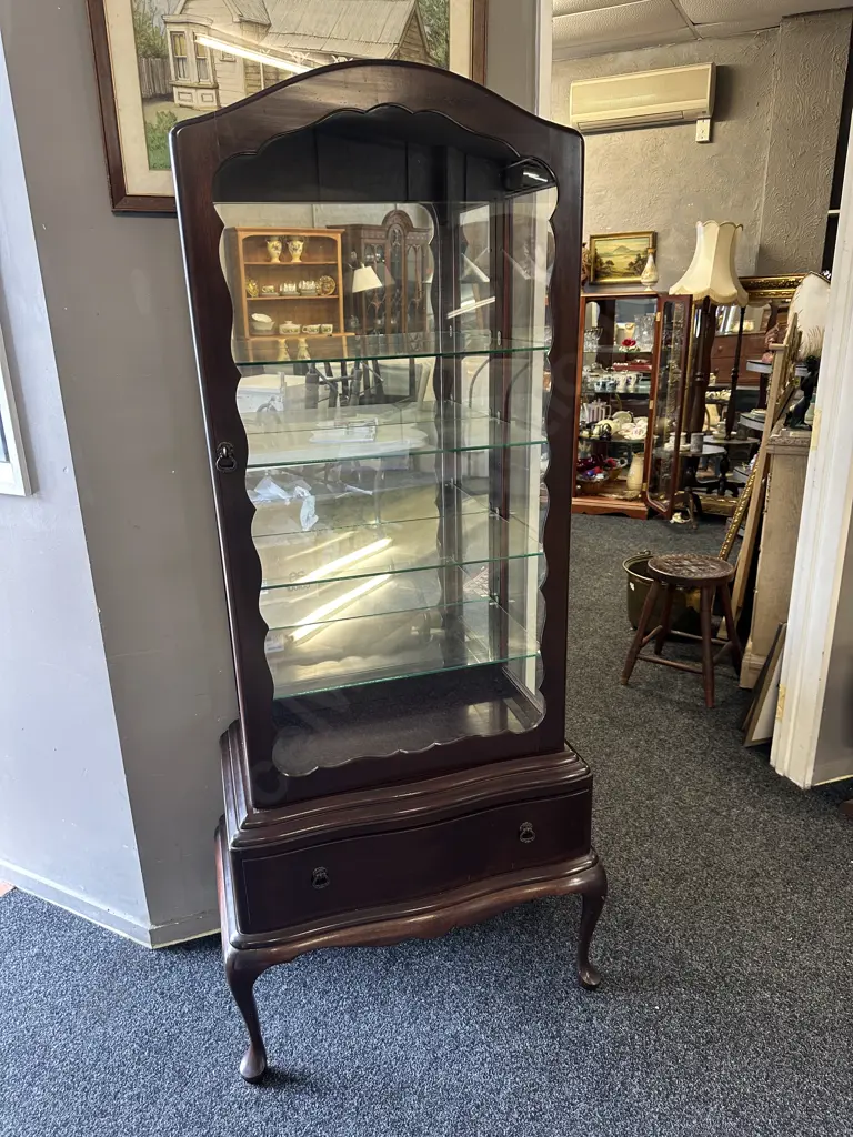 Vintage Mahogany Dome Top China Display Cabinet Cabriole Legs, Single Drawer, Four Glass Shelves Image 1++