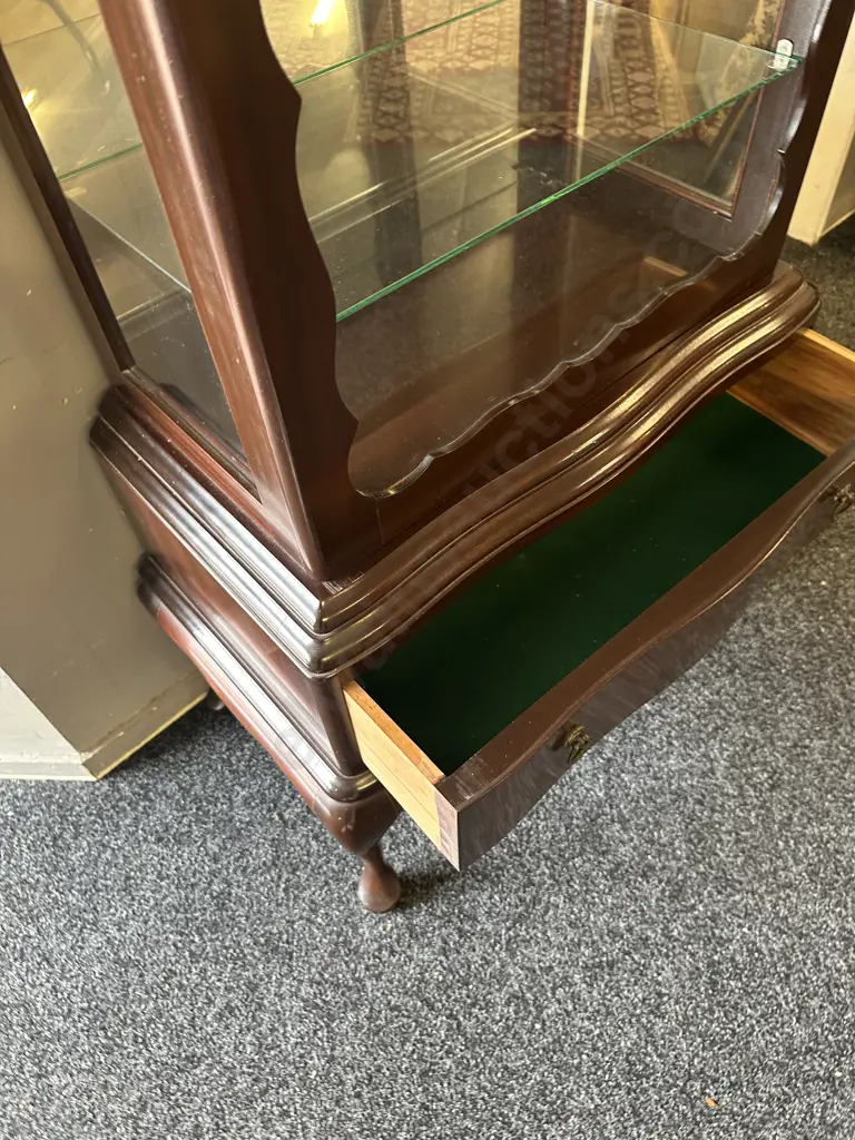 Vintage Mahogany Dome Top China Display Cabinet Cabriole Legs, Single Drawer, Four Glass Shelves Image 1++