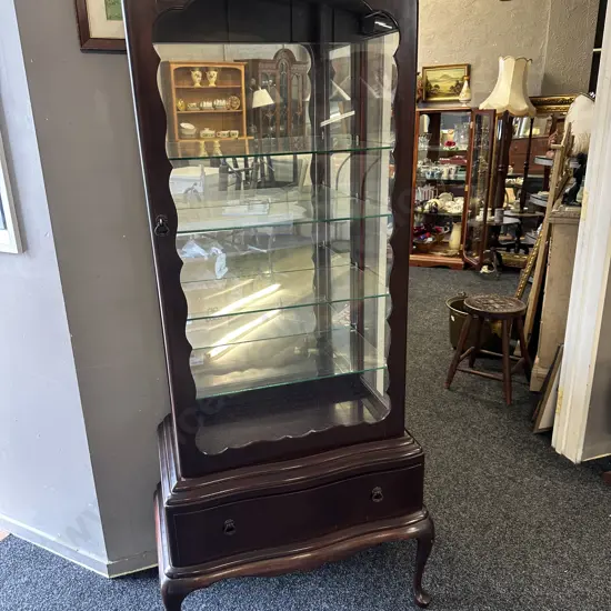Vintage Mahogany Dome Top China Display Cabinet Cabriole Legs, Single Drawer, Four Glass Shelves