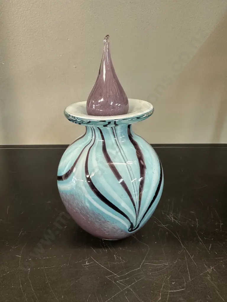 Hand Blown Art Glass Light Blue & Purple Perfume Bottle H16.5cm. Image 1++