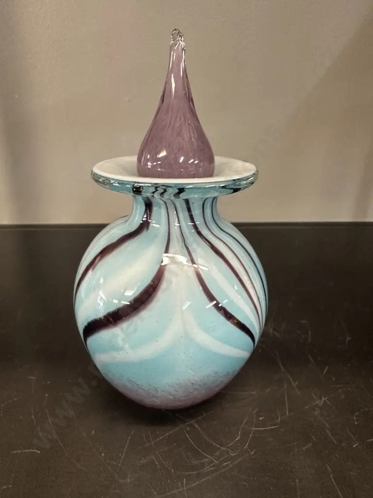 Hand Blown Art Glass Light Blue & Purple Perfume Bottle H16.5cm. Image 1++