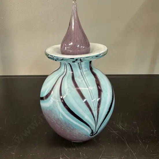 Hand Blown Art Glass Light Blue & Purple Perfume Bottle H16.5cm.