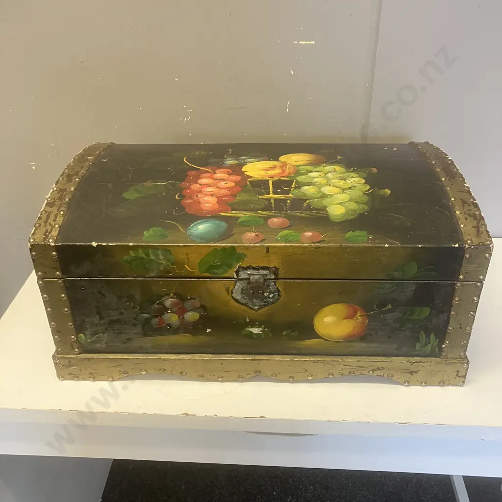 19th Century, French, Hand Painted In Fruit Wooden Box With Metal Detailing, H27 W62 D35cm Image 1++