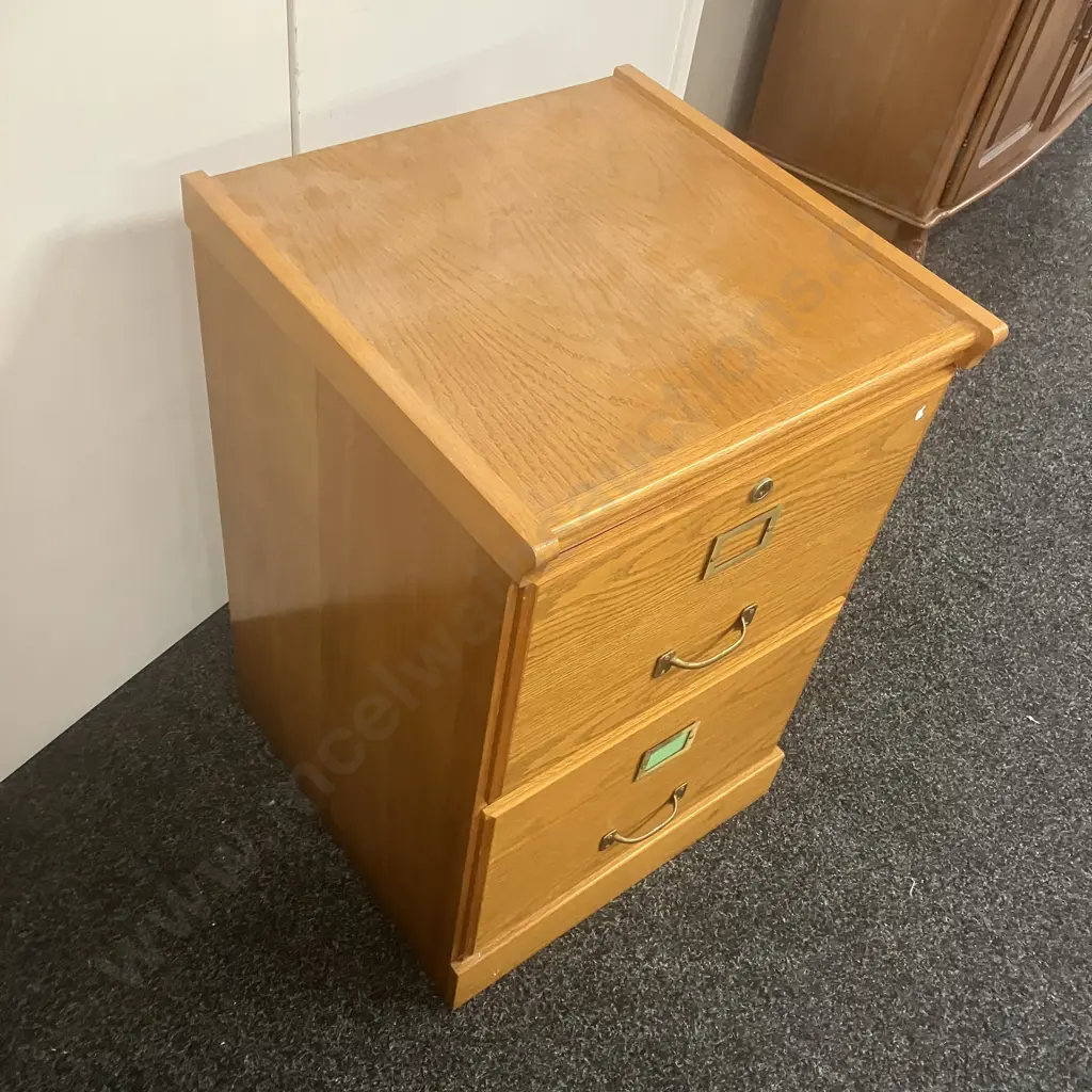 Oak 2 Drawer Filing Cabinet, Brass Details & Handles. H72 W48 D48cm Image 1++