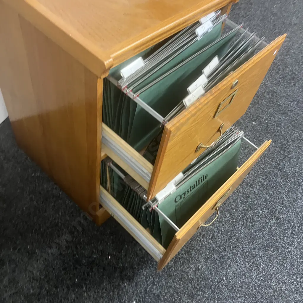 Oak 2 Drawer Filing Cabinet, Brass Details & Handles. H72 W48 D48cm Image 1++