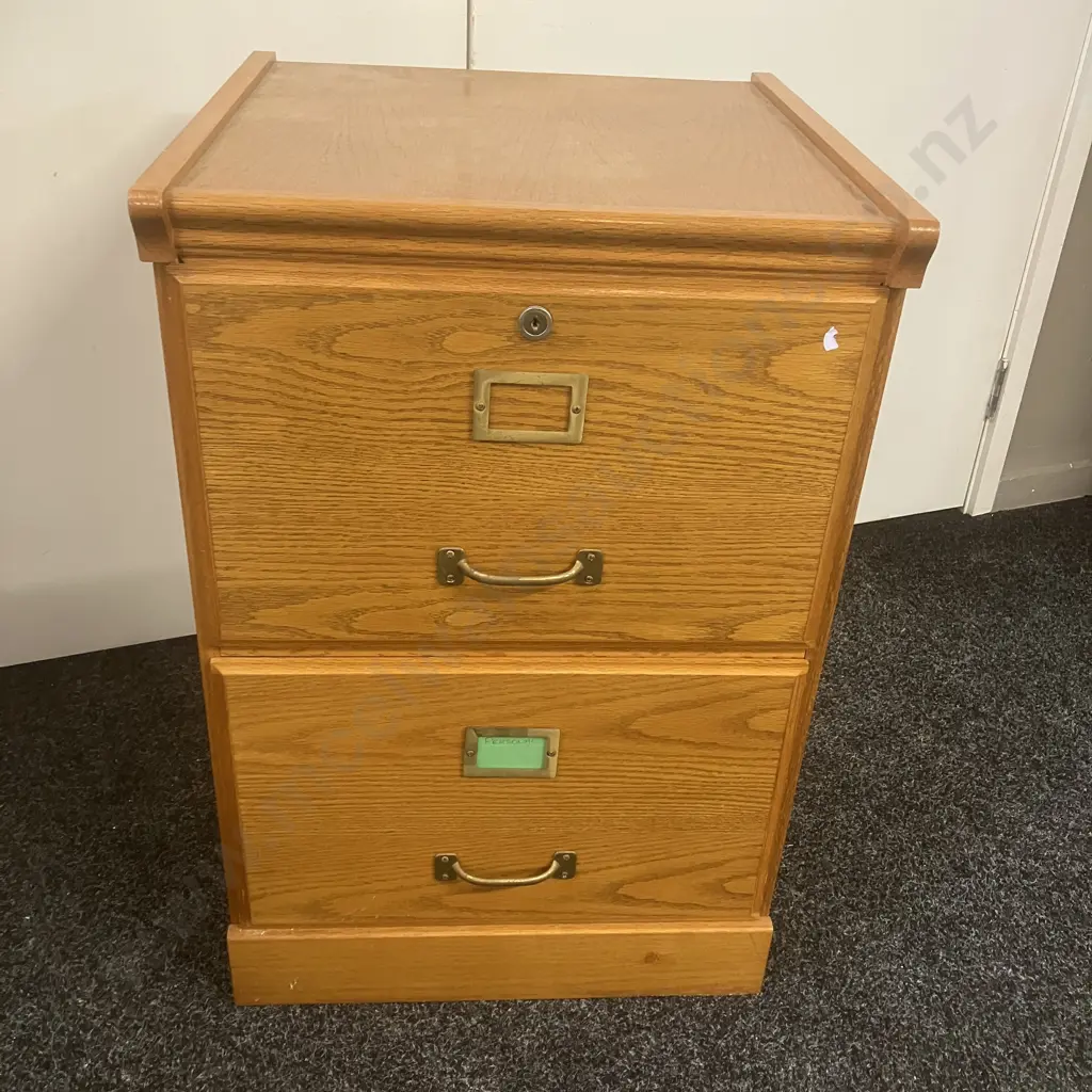 Oak 2 Drawer Filing Cabinet, Brass Details & Handles. H72 W48 D48cm Image 1++