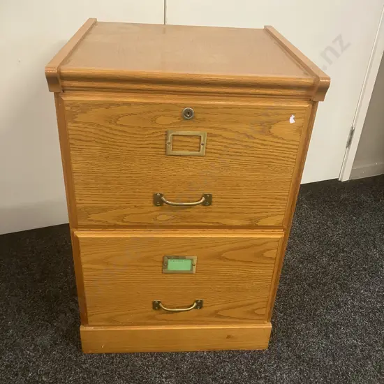 Oak 2 Drawer Filing Cabinet, Brass Details & Handles. H72 W48 D48cm