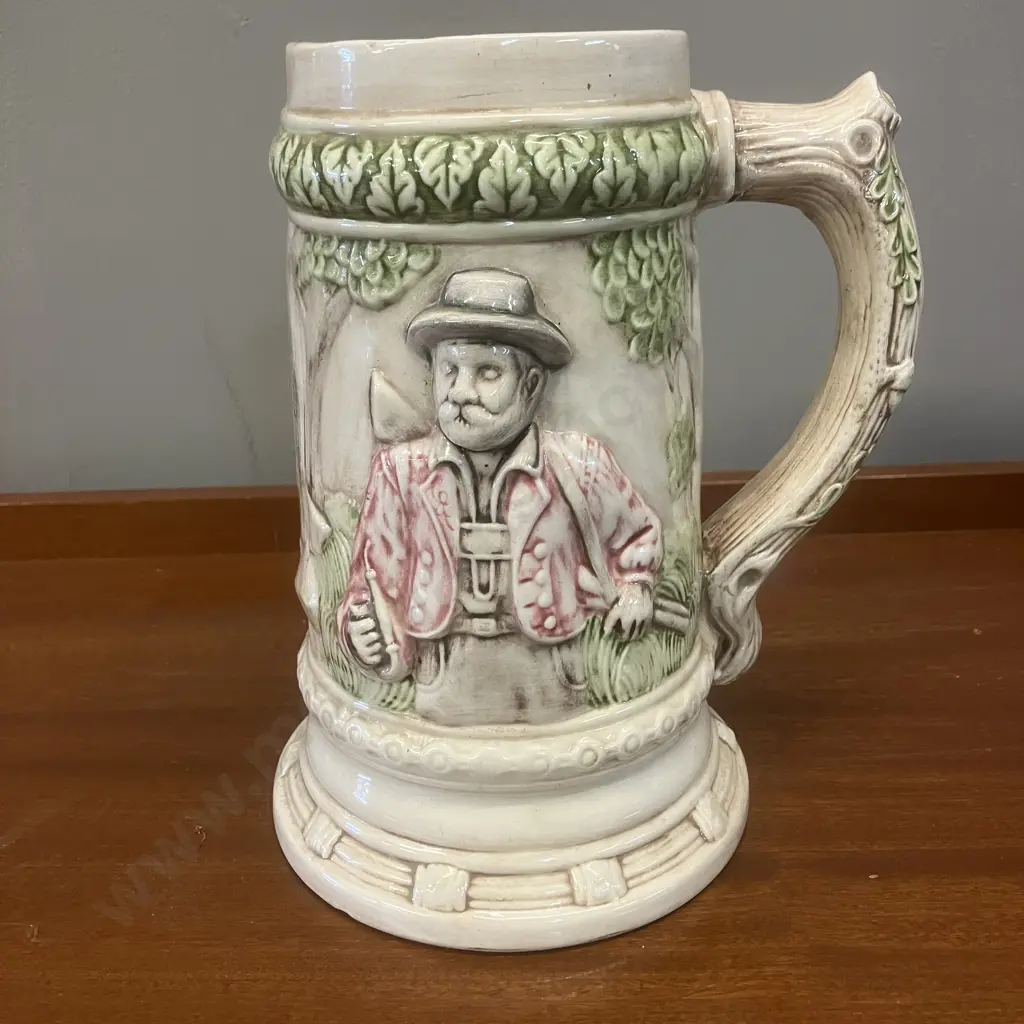 Vintage Alaskan Clay Stein With 3D Relief Miner & Deer. H22cm (Small Chip On Handle) Image 1++