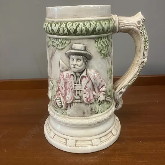 Vintage Alaskan Clay Stein With 3D Relief Miner & Deer. H22cm (Small Chip On Handle)