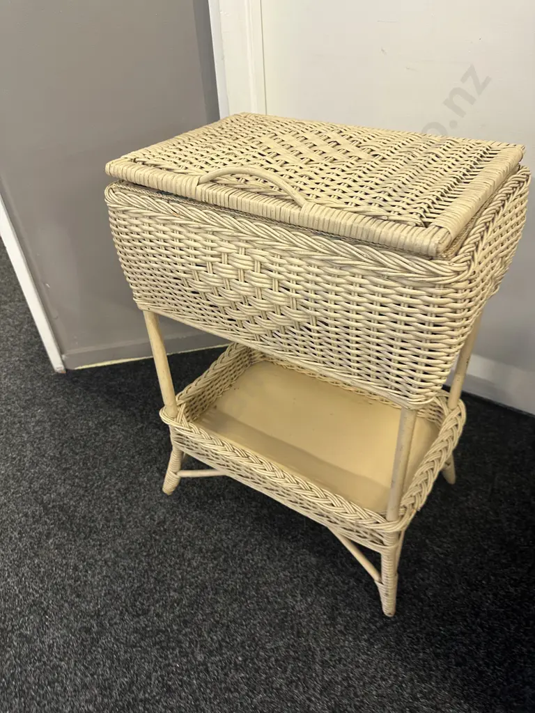 Cream Vintage Wicker Sewing Box On Stand With Tray At Base H64,W48,D33cm. Image 1++
