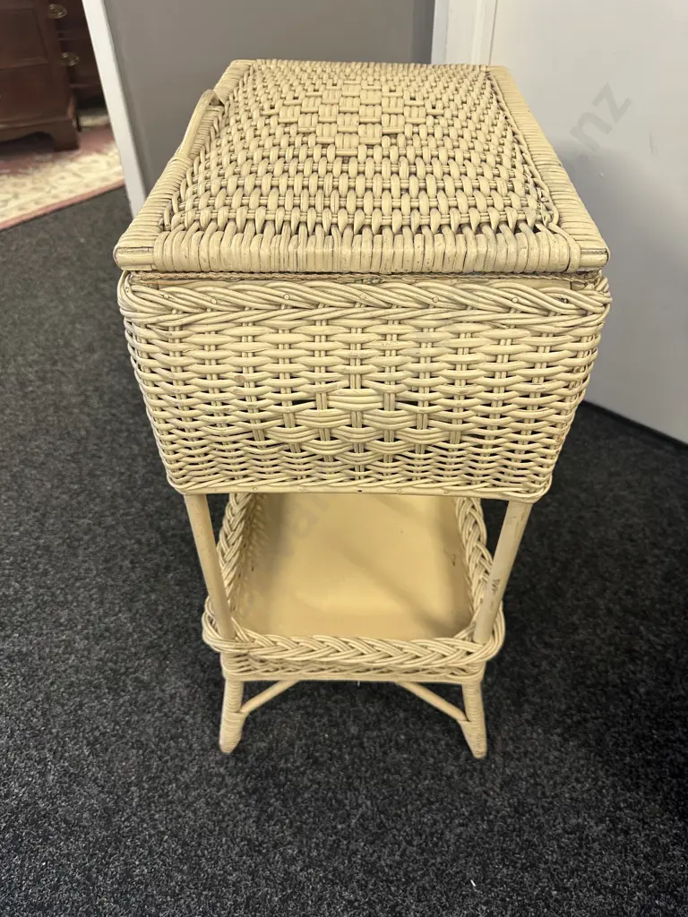 Cream Vintage Wicker Sewing Box On Stand With Tray At Base H64,W48,D33cm. Image 1++
