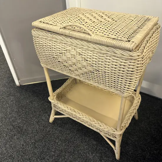 Cream Vintage Wicker Sewing Box On Stand With Tray At Base H64,W48,D33cm.