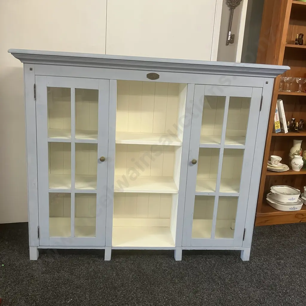'The Villager Collection' Double Glass Door Display Cabinet Painted Blue & Cream. H125 W151.5 D36cm Image 1++