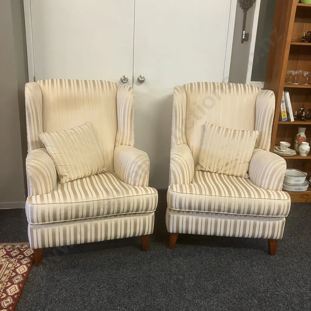 Pair of Warwick Fabric Striped Wing Back Armchairs Ex Lounge Innovation Australia Image 1++