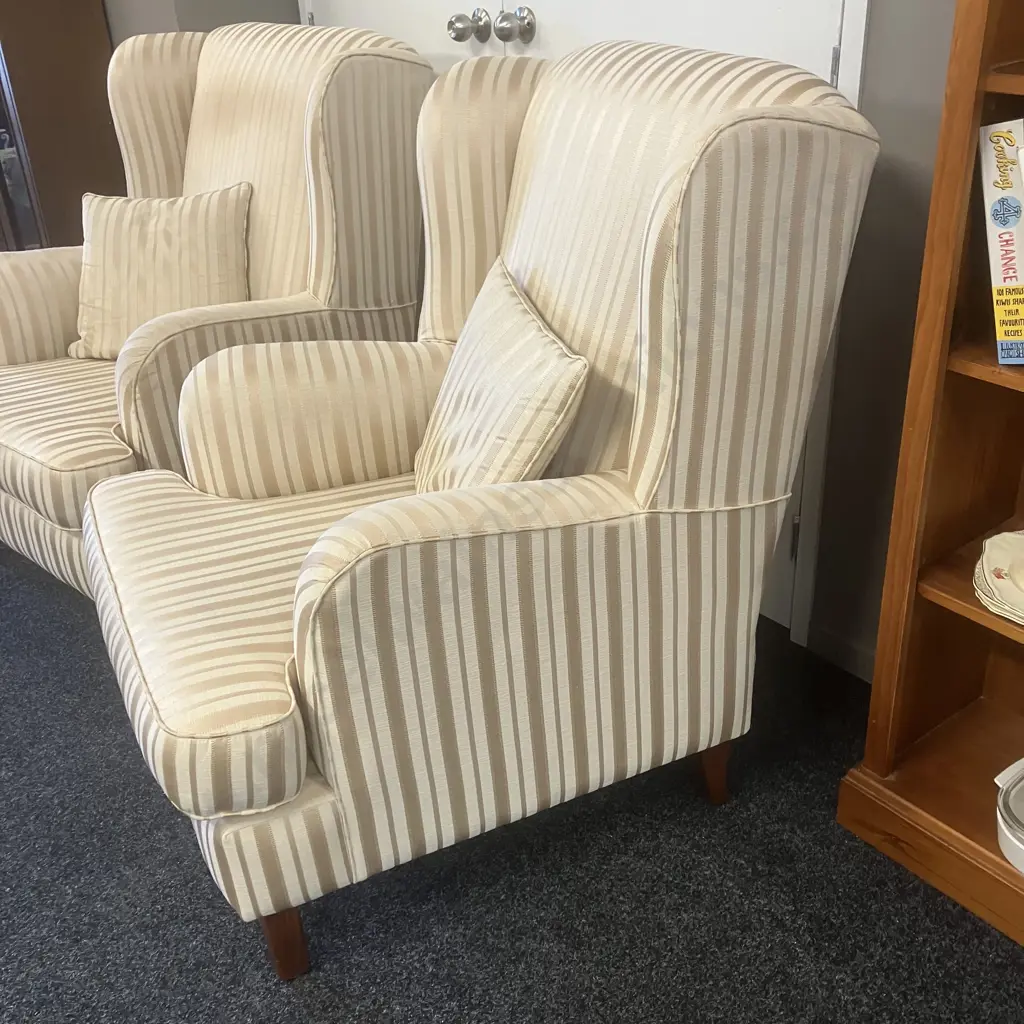Pair of Warwick Fabric Striped Wing Back Armchairs Ex Lounge Innovation Australia Image 1++