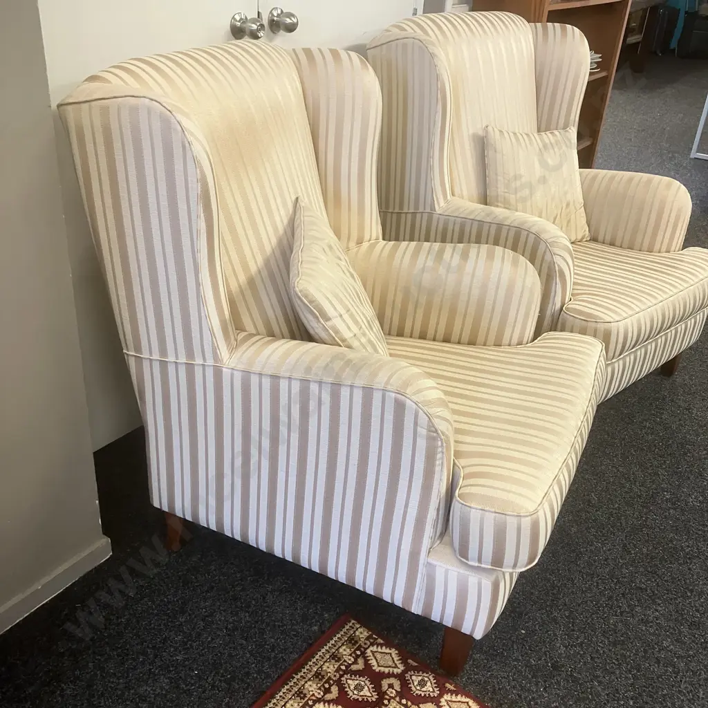 Pair of Warwick Fabric Striped Wing Back Armchairs Ex Lounge Innovation Australia Image 1++