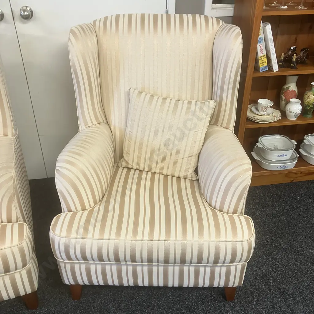 Pair of Warwick Fabric Striped Wing Back Armchairs Ex Lounge Innovation Australia Image 1++