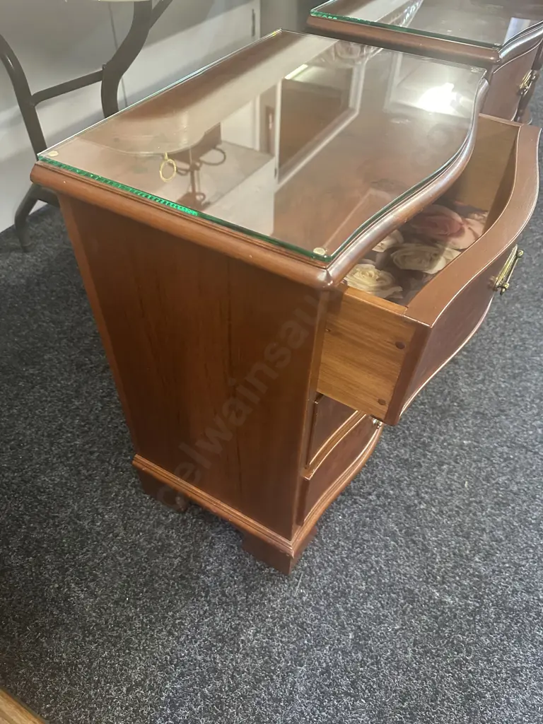 Pair Of Wooden Walnut Detailed Three Drawer Bedsides With Brass Ornate Handles & Glass Top. H62,W48,D34cm. Image 1++