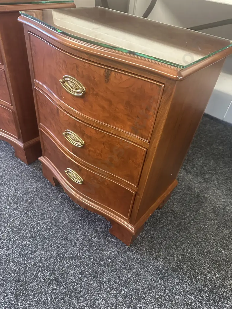 Pair Of Wooden Walnut Detailed Three Drawer Bedsides With Brass Ornate Handles & Glass Top. H62,W48,D34cm. Image 1++