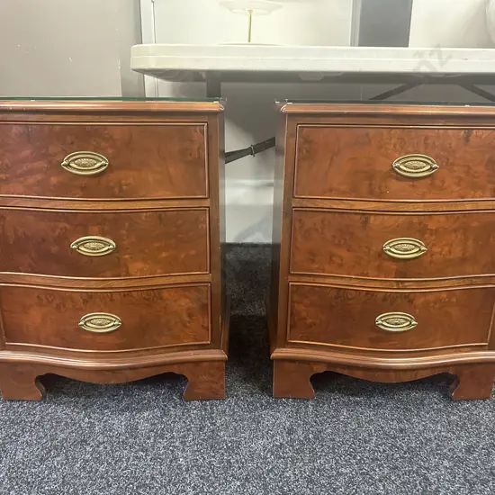 Pair Of Wooden Walnut Detailed Three Drawer Bedsides With Brass Ornate Handles & Glass Top. H62,W48,D34cm.