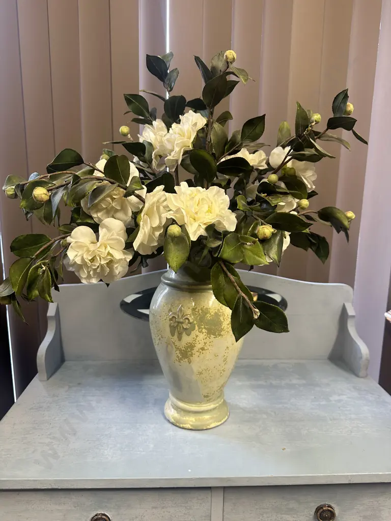 Faux Flowers in Decorative Green Ornate Vase H39cm. Image 1++