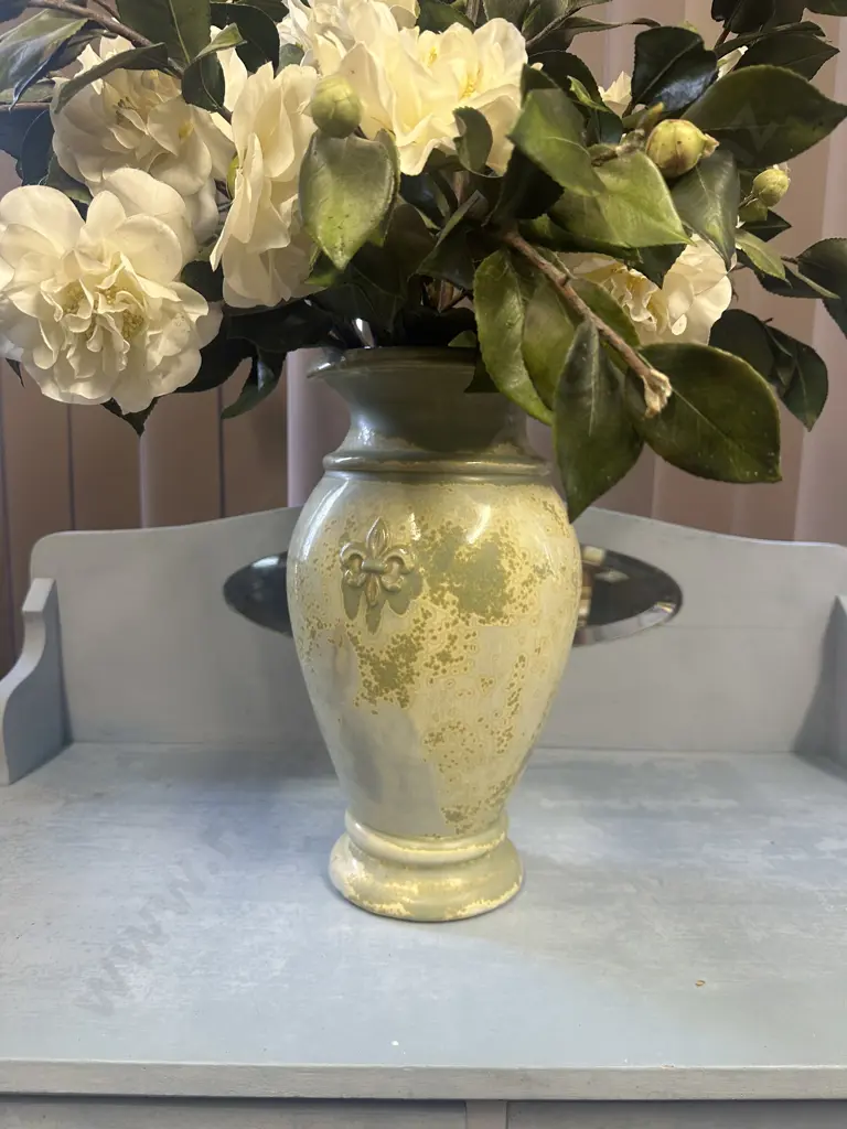 Faux Flowers in Decorative Green Ornate Vase H39cm. Image 1++