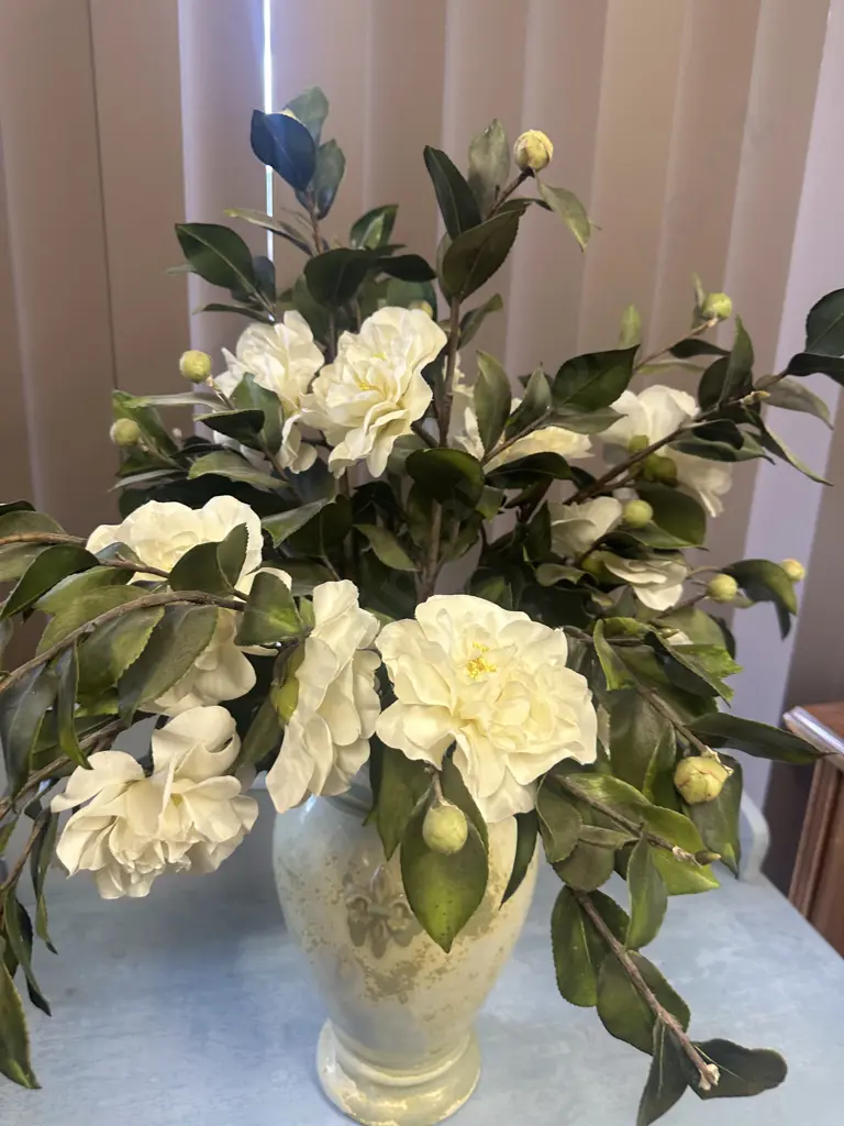 Faux Flowers in Decorative Green Ornate Vase H39cm. Image 1++