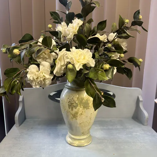 Faux Flowers in Decorative Green Ornate Vase H39cm.