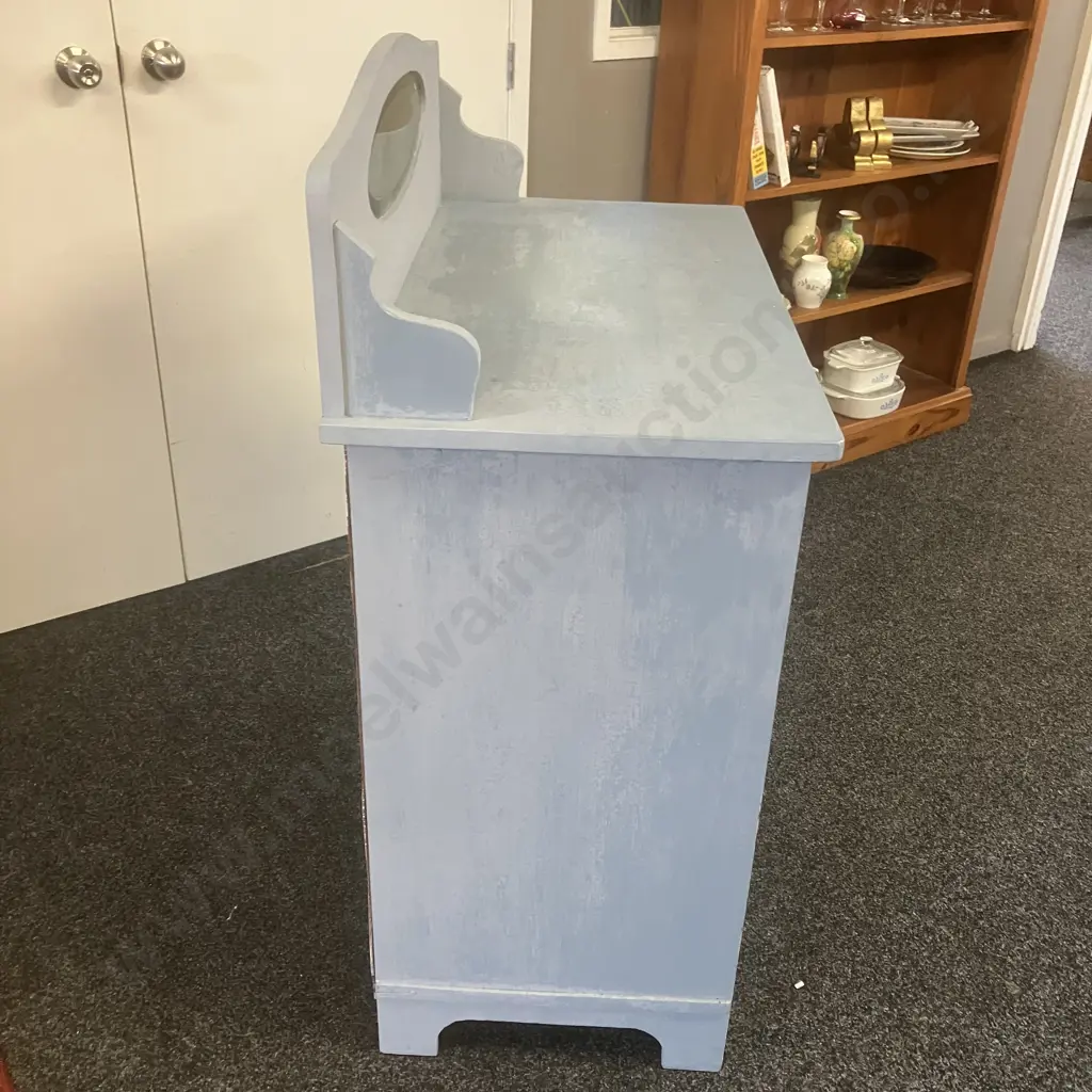 Oak Sideboard / Washstand Painted Blue, Bevelled Oval Mirror, 2 Drawer, 2 Door. H119 W91.5 D49cm Image 1++