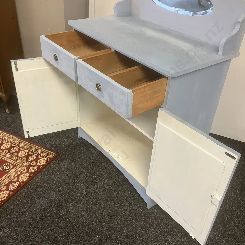 Oak Sideboard / Washstand Painted Blue, Bevelled Oval Mirror, 2 Drawer, 2 Door. H119 W91.5 D49cm Image 1++