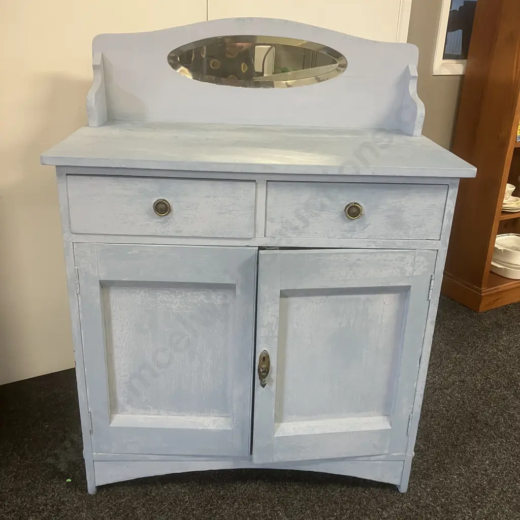 Oak Sideboard / Washstand Painted Blue, Bevelled Oval Mirror, 2 Drawer, 2 Door. H119 W91.5 D49cm Image 1++