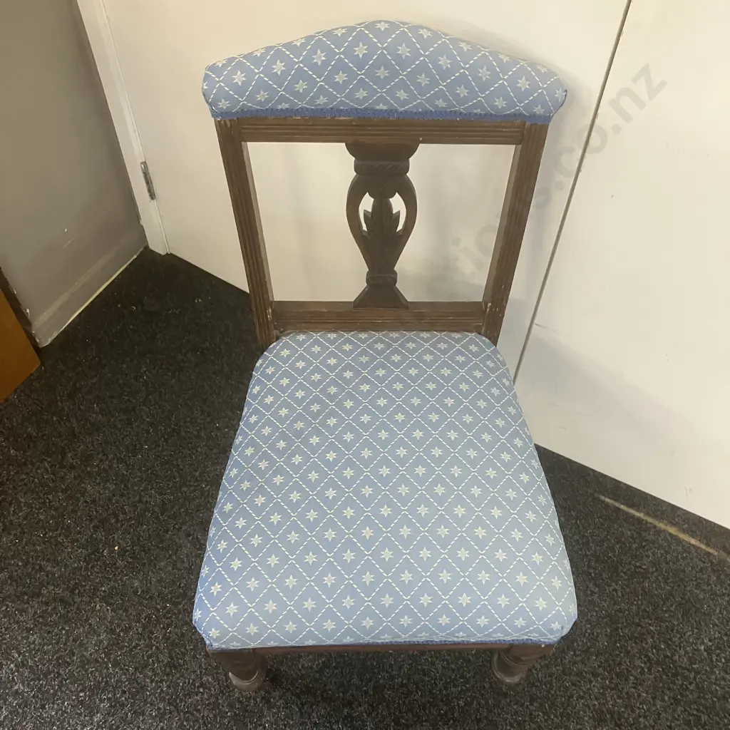Antique Bedroom Chair With Blue Fabric Seat. Bakelite & Steel Castors Image 1++