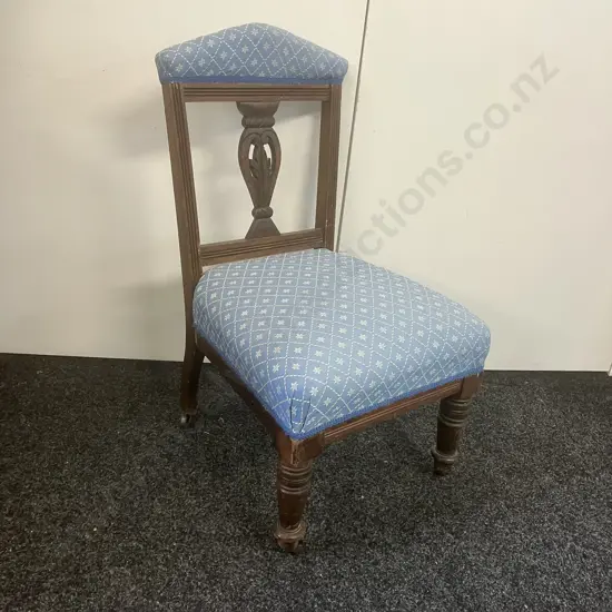 Antique Bedroom Chair With Blue Fabric Seat. Bakelite & Steel Castors