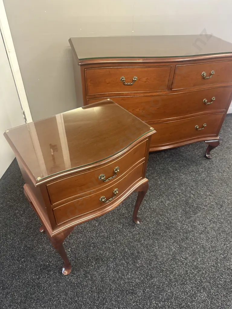 Mahogany Four Drawer Chest H79,W100,D36cm & Two Drawer Bedside H66,W50cm, Cabriole Legs, Ornate Handles & Glass Tops.  Image 1++