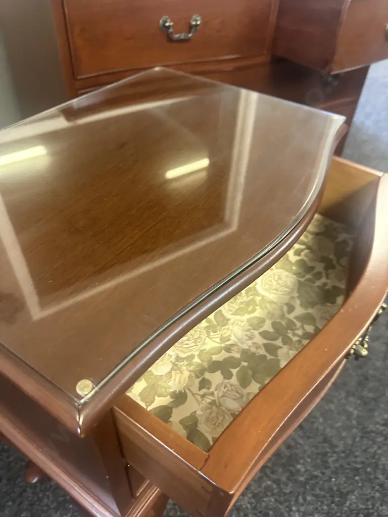 Mahogany Four Drawer Chest H79,W100,D36cm & Two Drawer Bedside H66,W50cm, Cabriole Legs, Ornate Handles & Glass Tops.  Image 1++