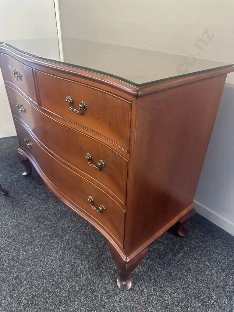 Mahogany Four Drawer Chest H79,W100,D36cm & Two Drawer Bedside H66,W50cm, Cabriole Legs, Ornate Handles & Glass Tops.  Image 1++