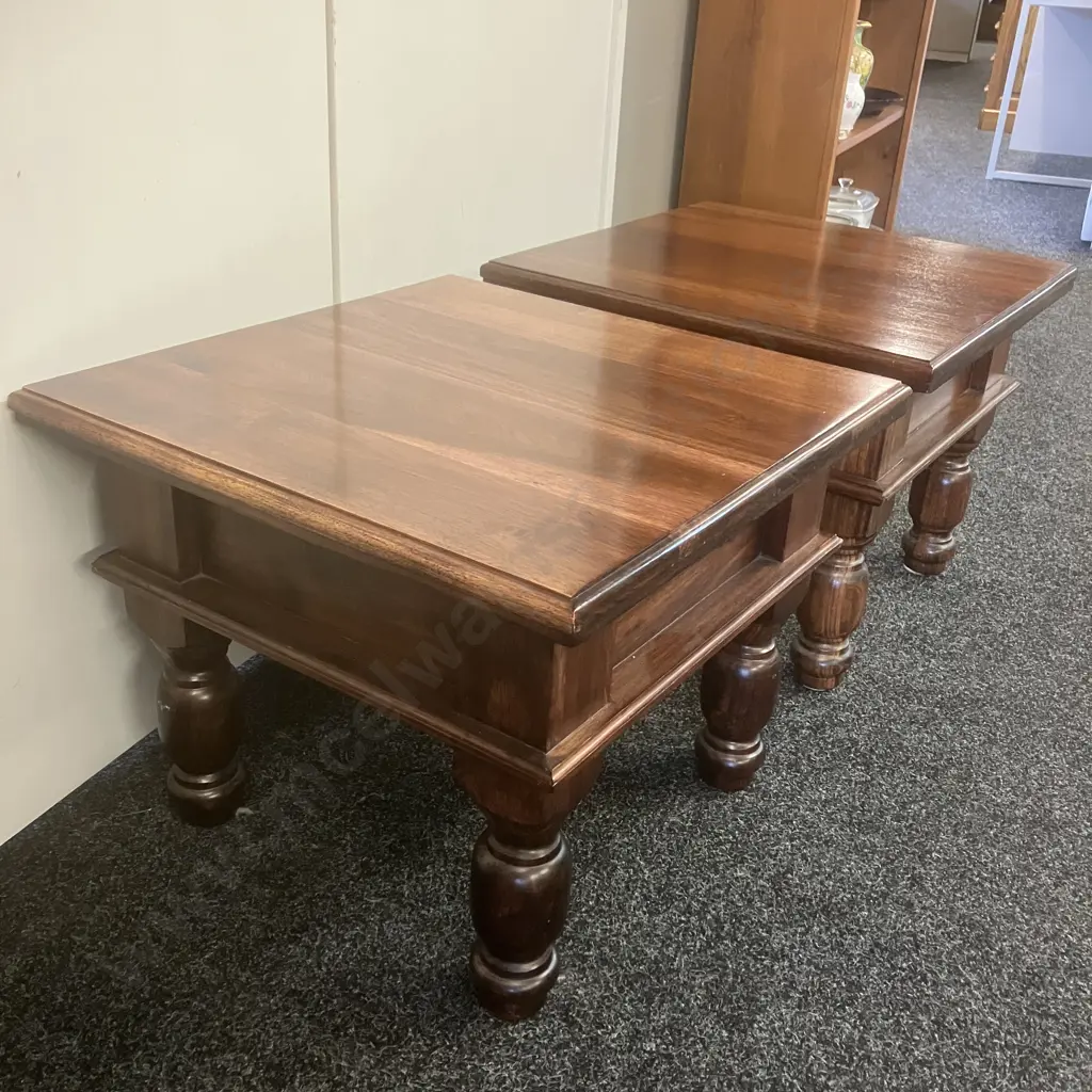 Pair of Dark Wood Square Side Tables, Turned Legs. 43 x 51cm Image 1++