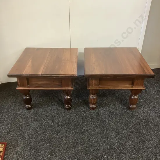Pair of Dark Wood Square Side Tables, Turned Legs. 43 x 51cm