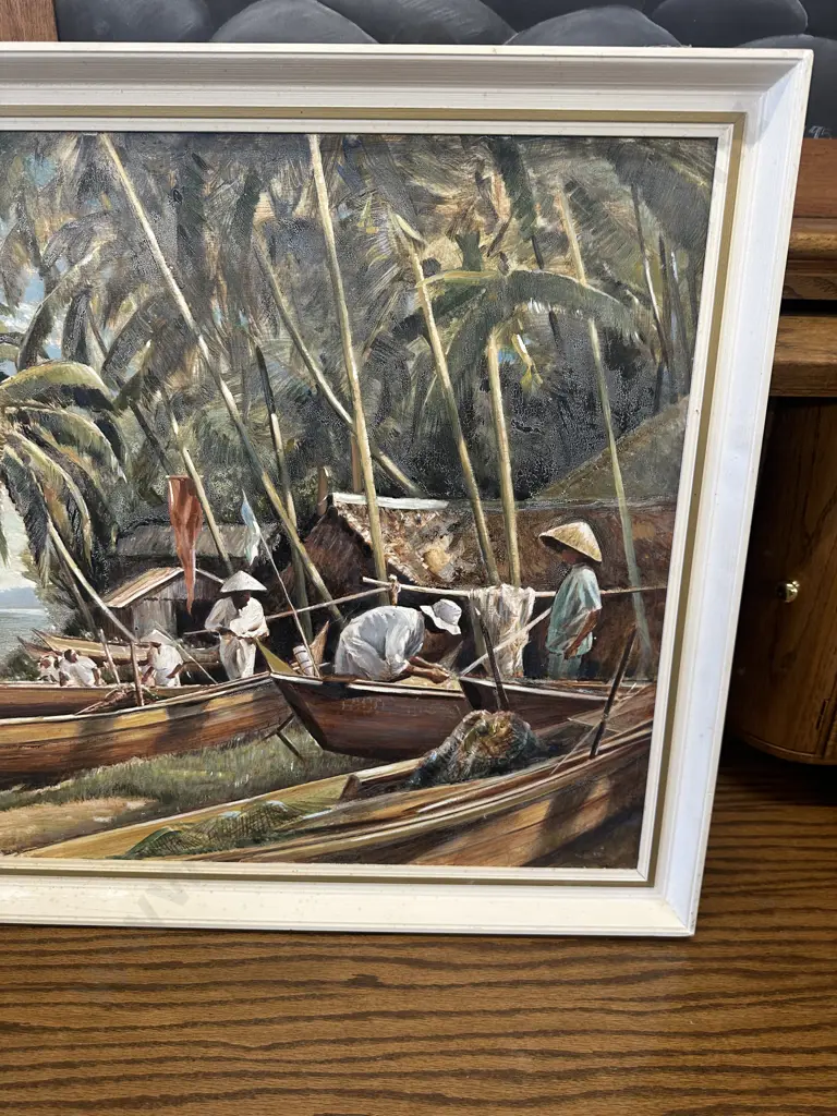 Vintage Cream Framed Artwork Tropical Scene H59,W79cm. Image 1++