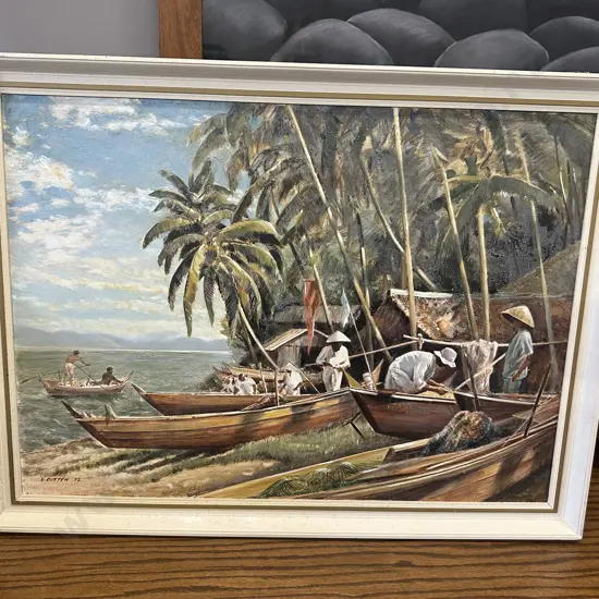 Vintage Cream Framed Artwork Tropical Scene H59,W79cm.