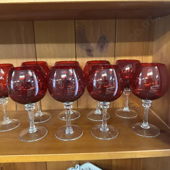 Red Clear Stemmed Brandy/Wine Glasses x9