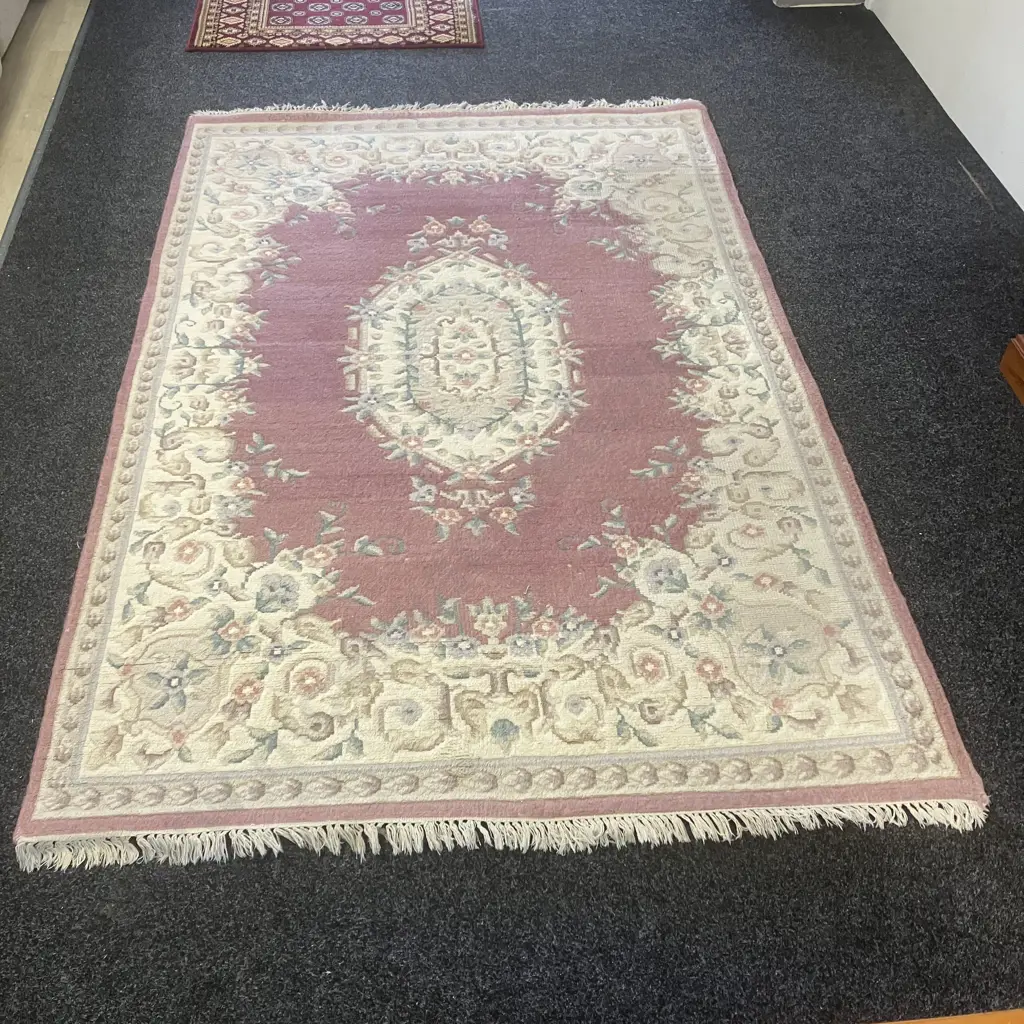 Woollen Floor Rug - White / Burgundy / Green & Blue Tones. 160 x 240cm Image 1++