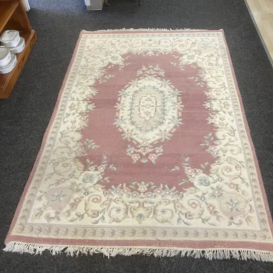 Woollen Floor Rug - White / Burgundy / Green & Blue Tones. 160 x 240cm