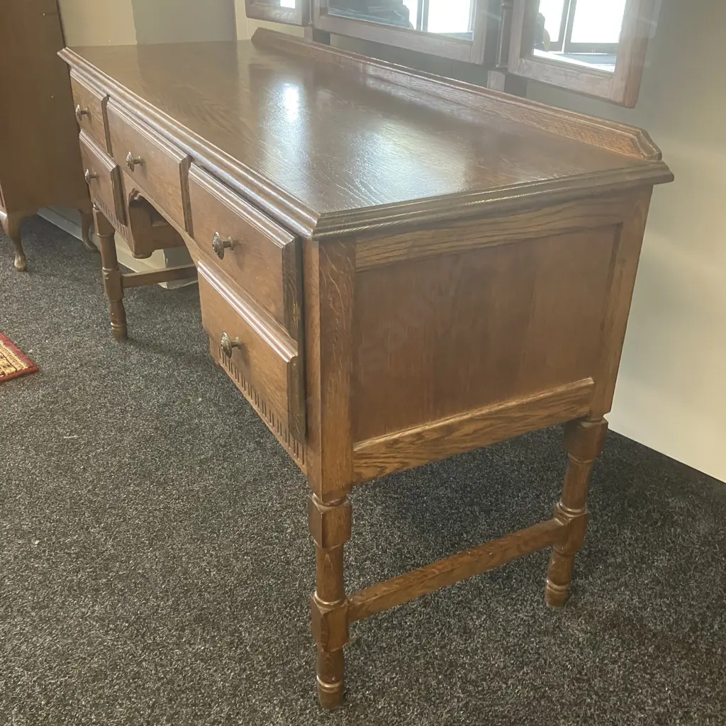 Vintage Solid Oak 4 Drawer Kneehole Dressing Table With Pivoting Tri-mirrors And Stool. H146 W145 D50cm Image 1++